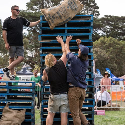 Participants in the pallet throw competition